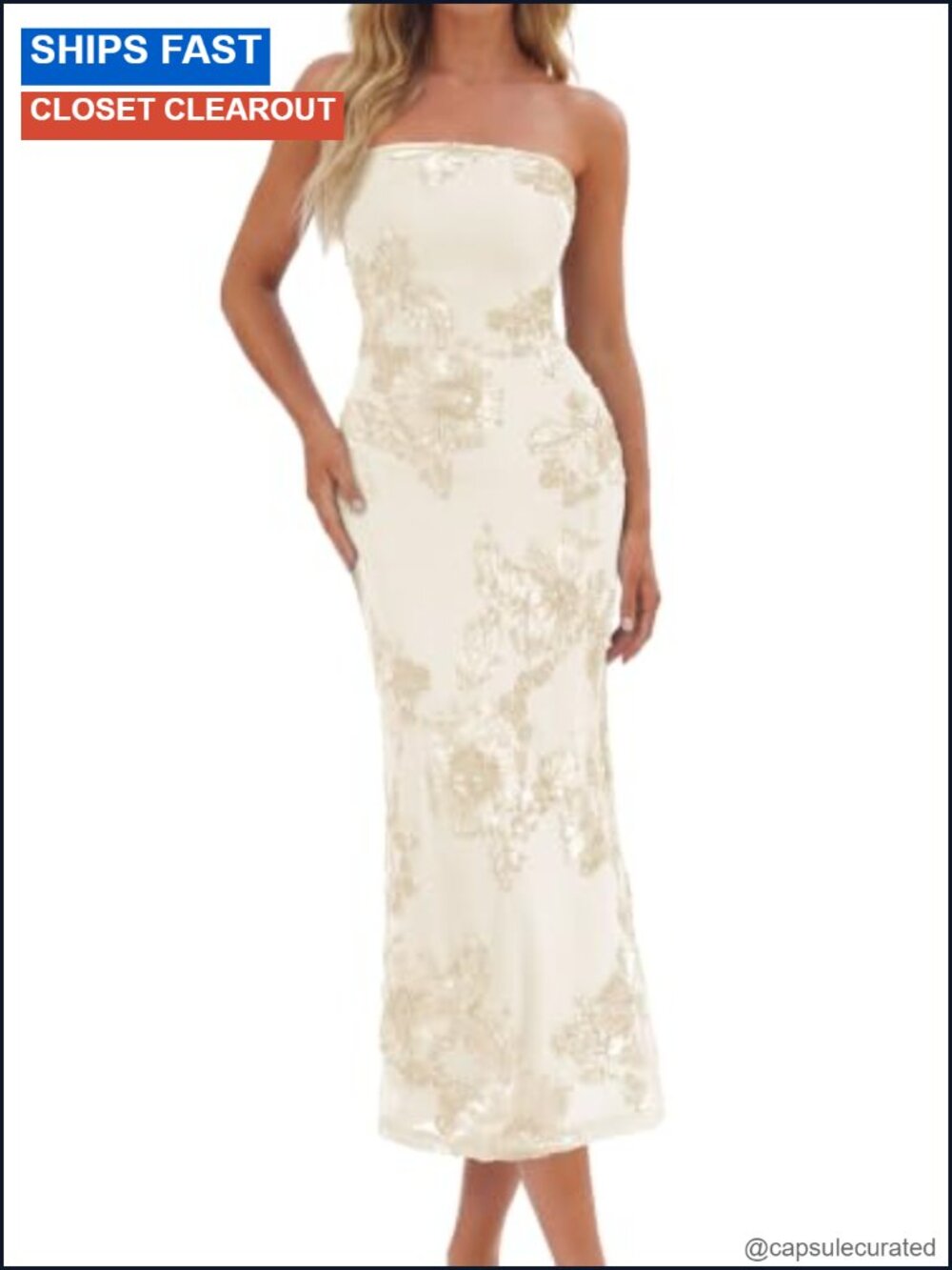Women's Floral Applique Mesh Bodycon Midi Dress Strapless Party